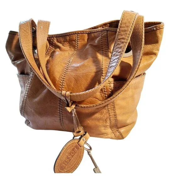 Fossil Tan Leather Shoulder Bag With Grommet Details & Key Charm Boho Cozy - Picture 1 of 14